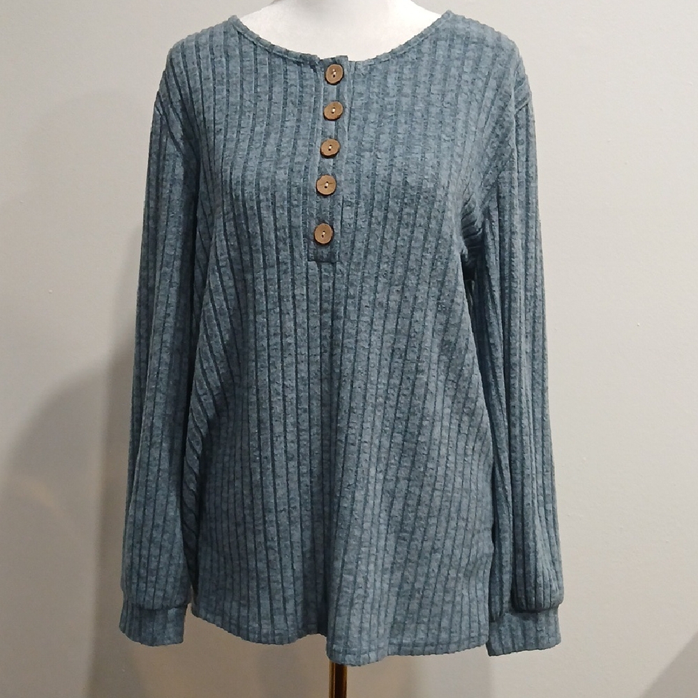 Blue Ribbed Long Sleeve Top - Picture 3 of 10